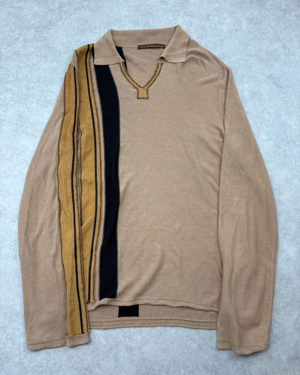 2000s Roberto Cavalli Beige Contrast Stripe Longsleeves Polo Sweater vFAAXKi 0