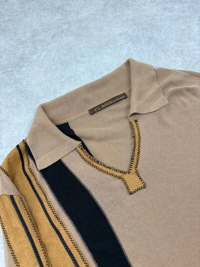 2000s Roberto Cavalli Beige Contrast Stripe Longsleeves Polo Sweater vFAAXKi 4