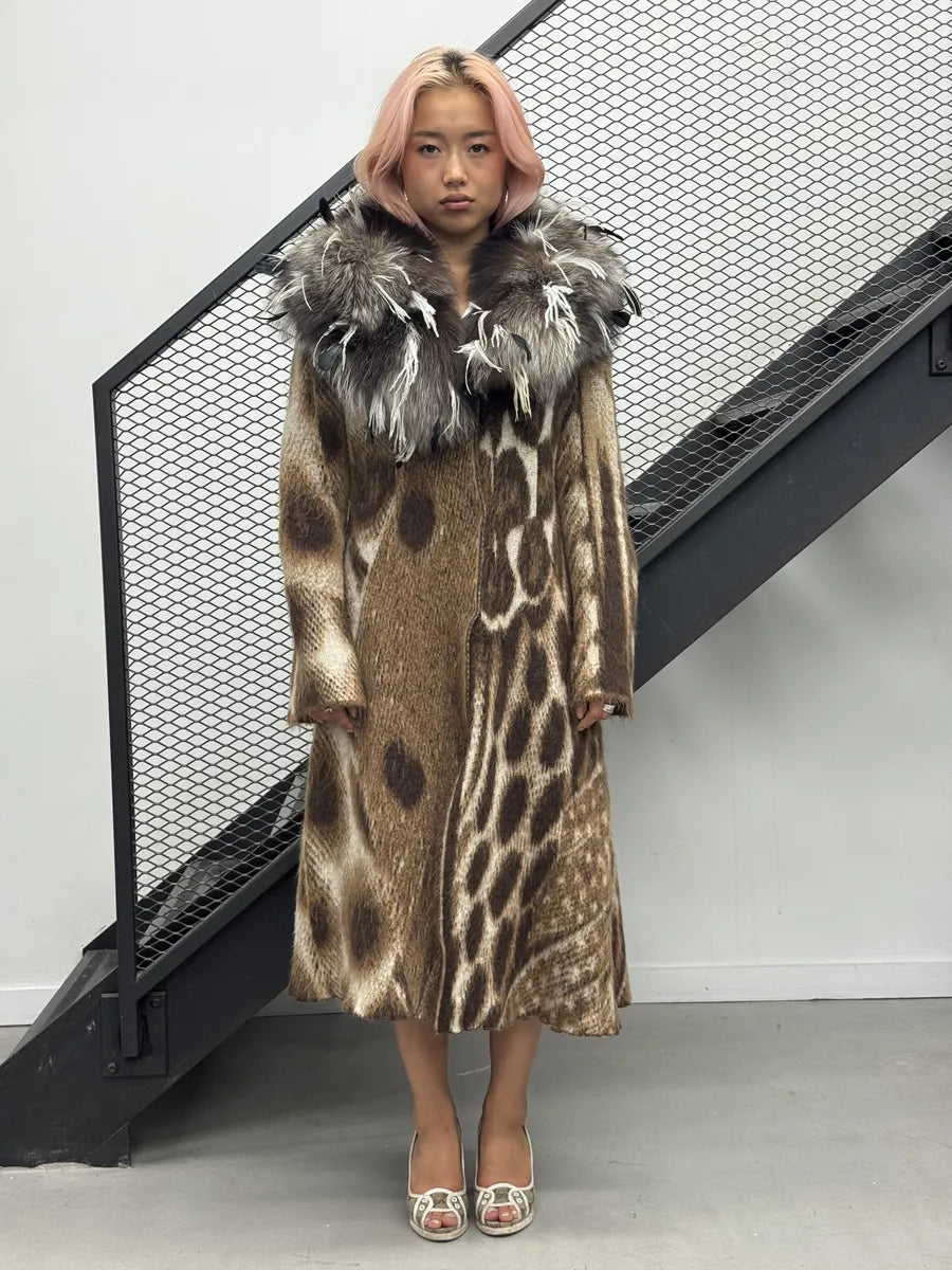 2000s Roberto Cavalli Beige Leopard Mohair Rabbit Fur Long Coat ZmZRoZQ 0