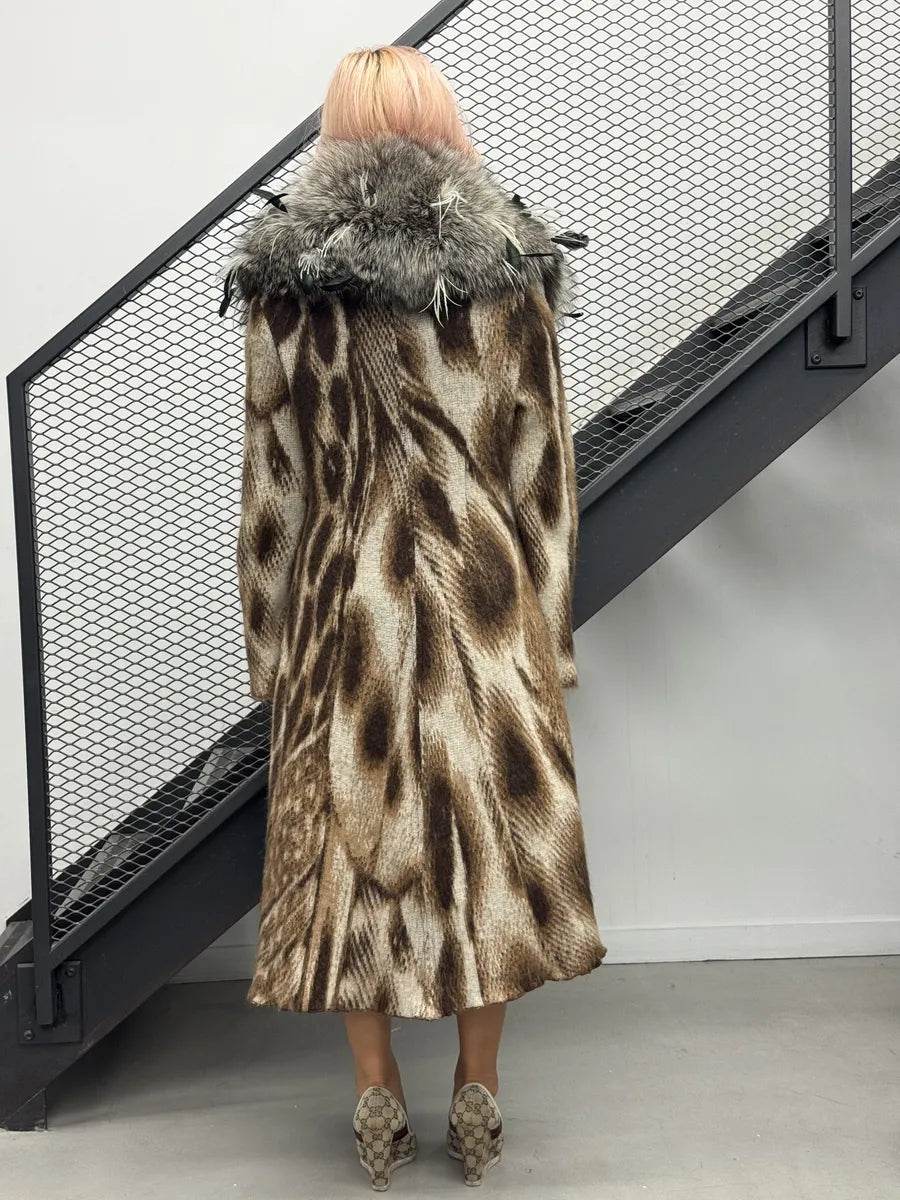 2000s Roberto Cavalli Beige Leopard Mohair Rabbit Fur Long Coat ZmZRoZQ 1