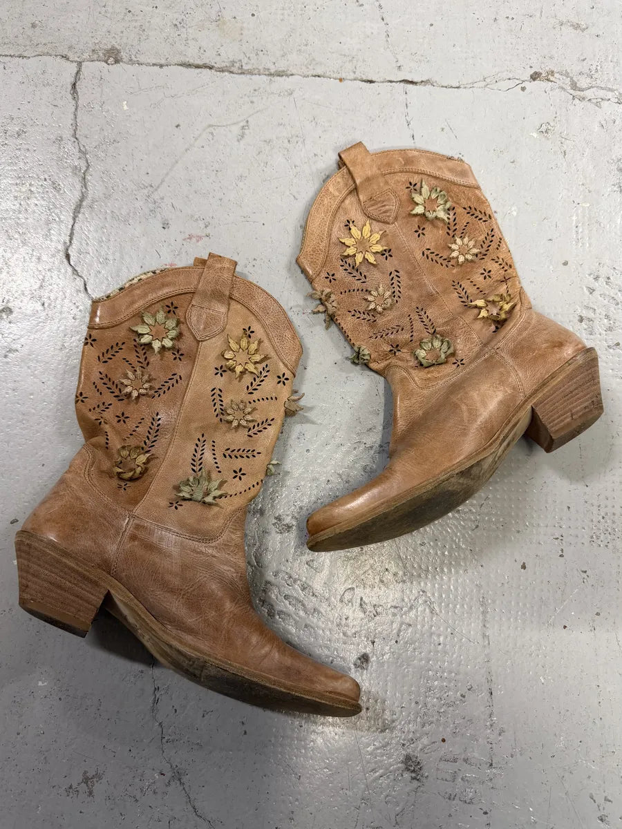 2000s Roberto Cavalli Beige Santiags Flowers Boots zfJnIwT 0