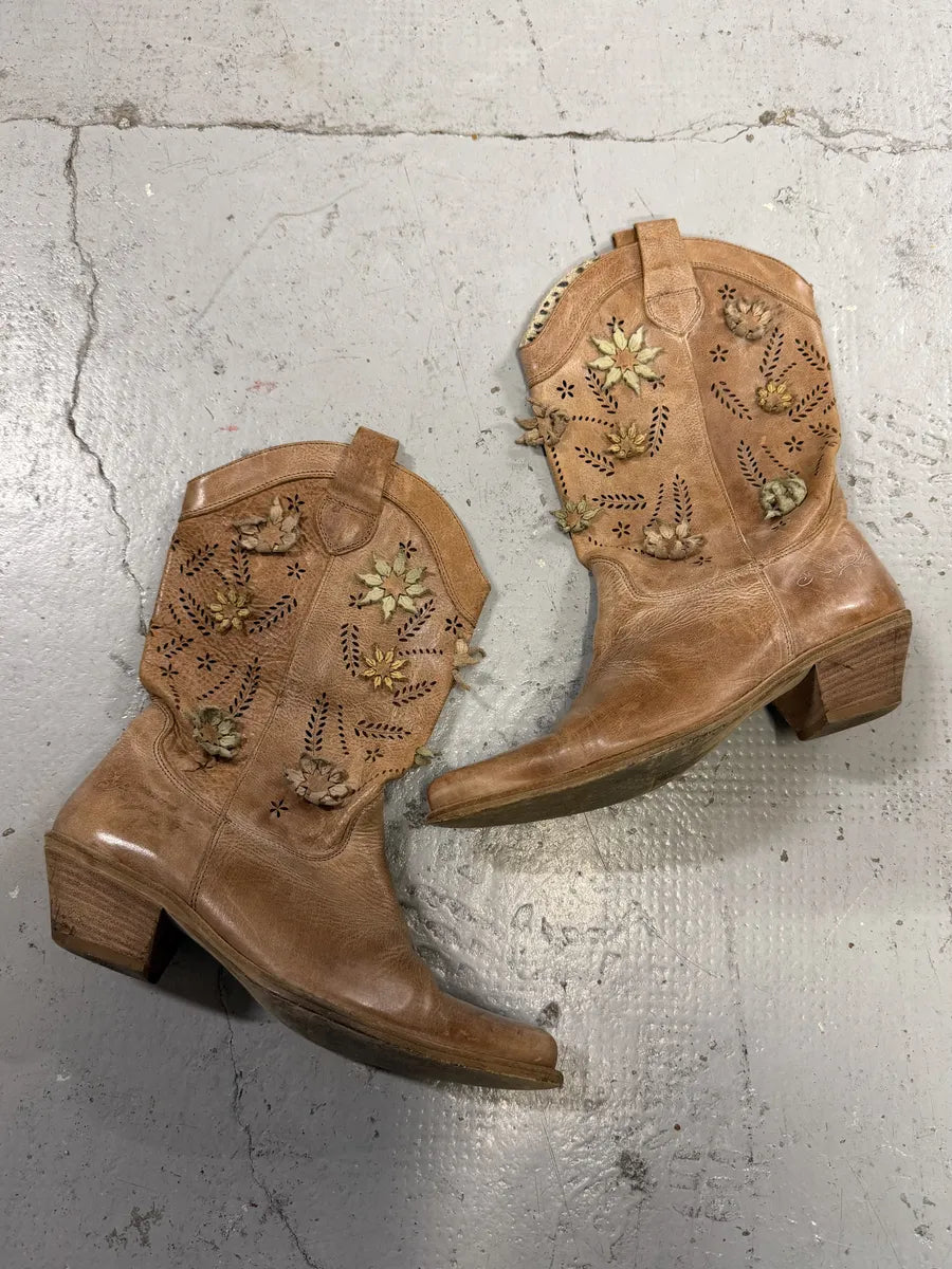 2000s Roberto Cavalli Beige Santiags Flowers Boots zfJnIwT 1