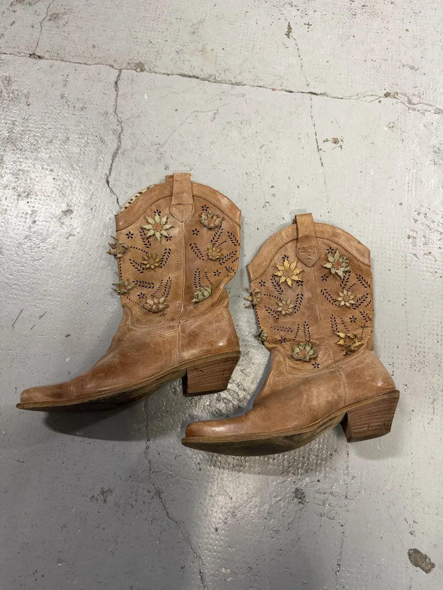 2000s Roberto Cavalli Beige Santiags Flowers Boots zfJnIwT 4