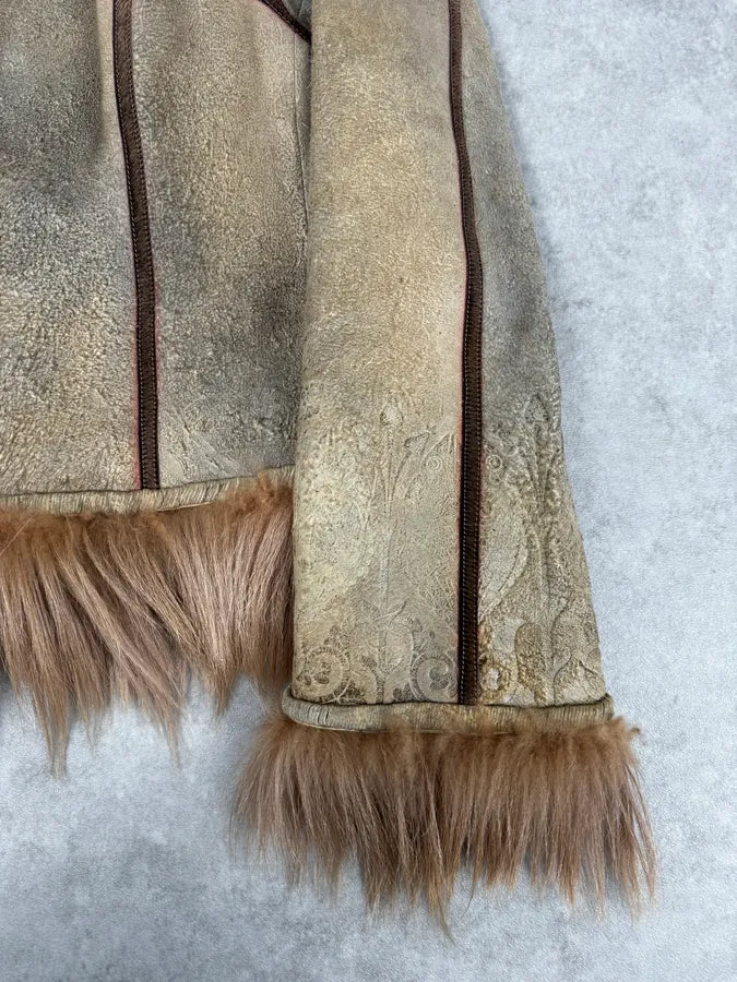 1990s Roberto Cavalli Beige Suede Baroque Prints & Fur Jacket efZJUdy 7