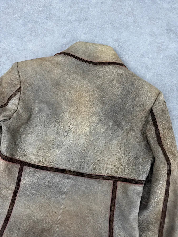 1990s Roberto Cavalli Beige Suede Baroque Prints & Fur Jacket efZJUdy 5