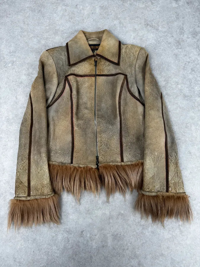 1990s Roberto Cavalli Beige Suede Baroque Prints & Fur Jacket efZJUdy 0