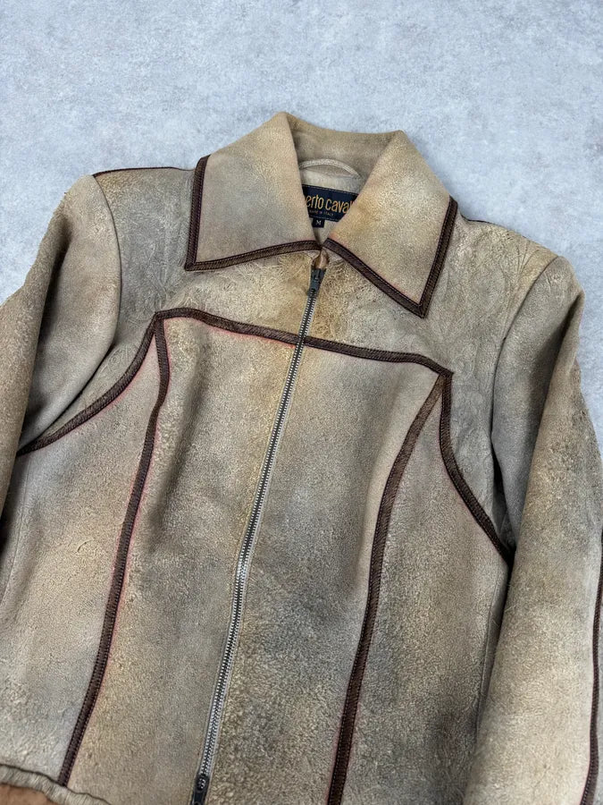 1990s Roberto Cavalli Beige Suede Baroque Prints & Fur Jacket efZJUdy 4