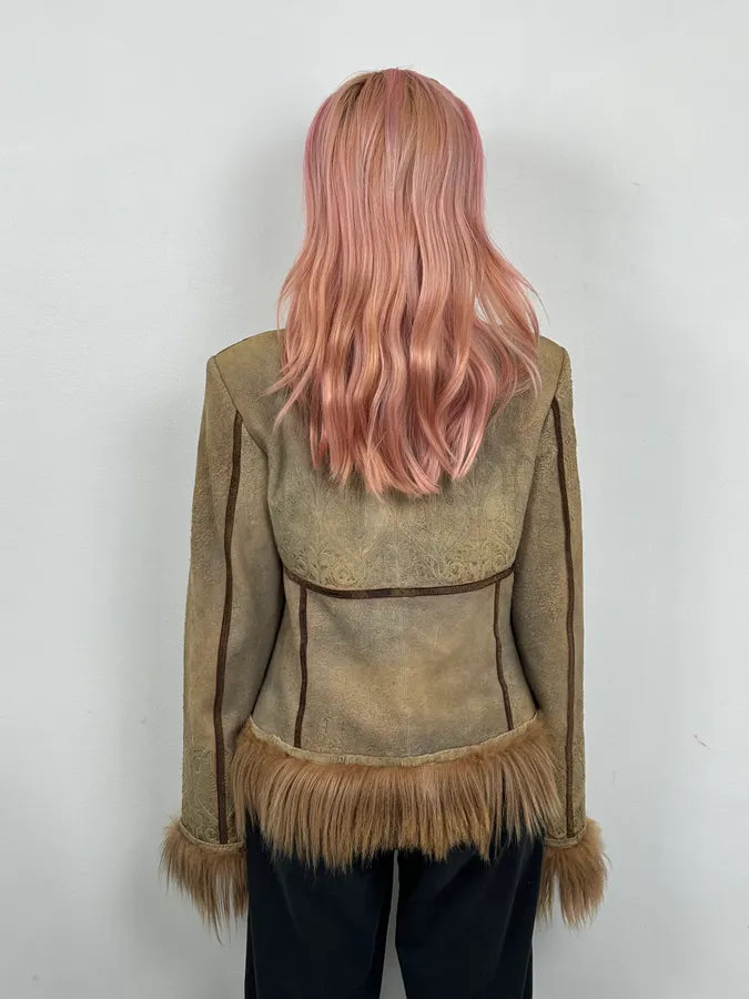1990s Roberto Cavalli Beige Suede Baroque Prints & Fur Jacket efZJUdy 2
