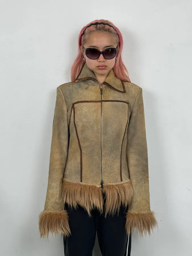 1990s Roberto Cavalli Beige Suede Baroque Prints & Fur Jacket efZJUdy 1