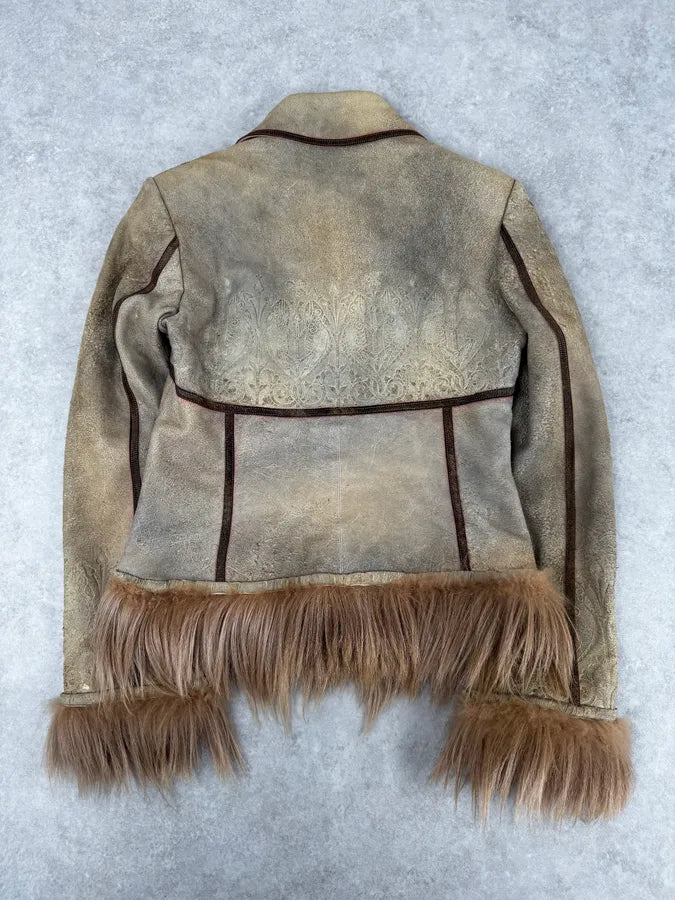 1990s Roberto Cavalli Beige Suede Baroque Prints & Fur Jacket efZJUdy 3