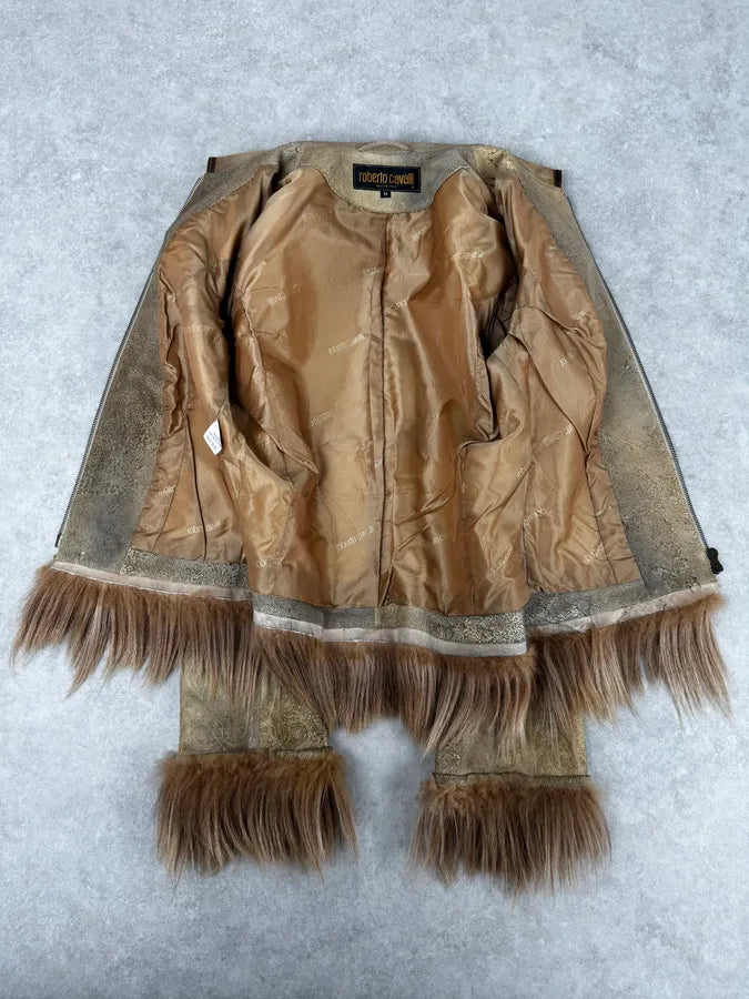 1990s Roberto Cavalli Beige Suede Baroque Prints & Fur Jacket efZJUdy 6