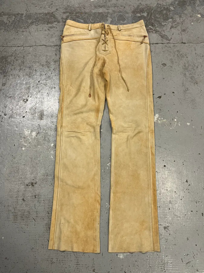 2000s Roberto Cavalli Beige Suede Leather Pants fZxtypt 4