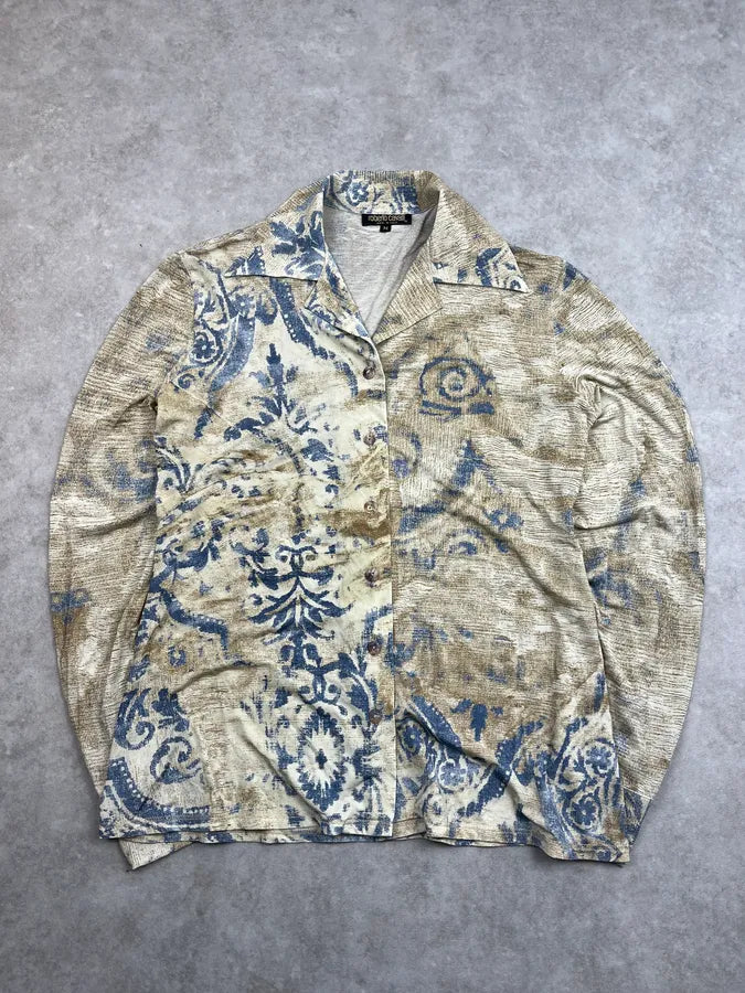 2000s Roberto Cavalli Beige Tribal Flowers Shirt cdgDaUD 0