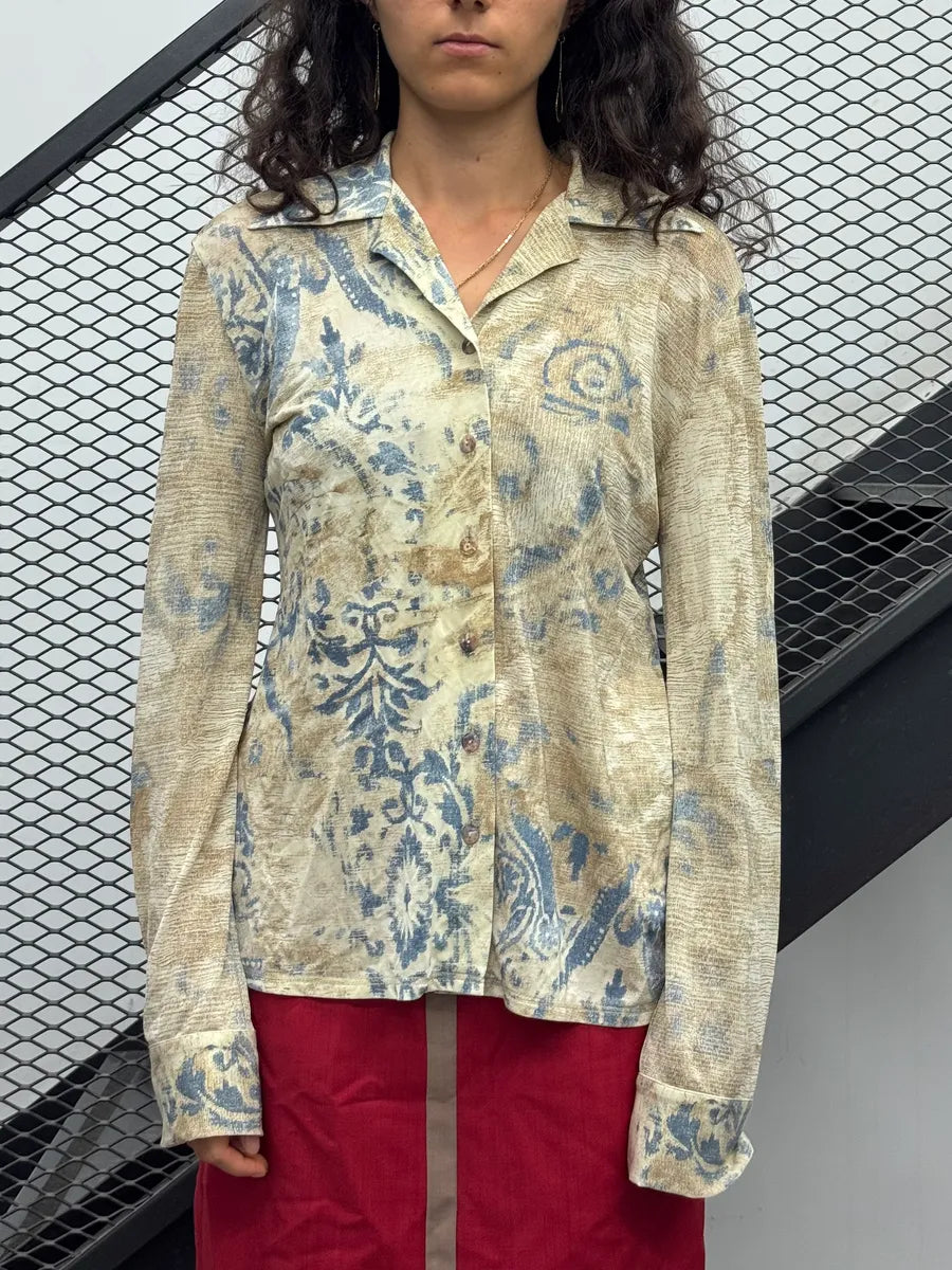 2000s Roberto Cavalli Beige Tribal Flowers Shirt cdgDaUD 1