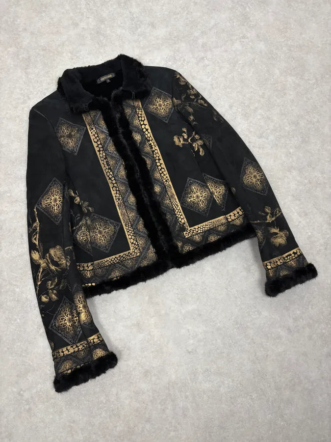 2000s Roberto Cavalli Black & Golden Royal Shearling Jacket AKncCmc 3
