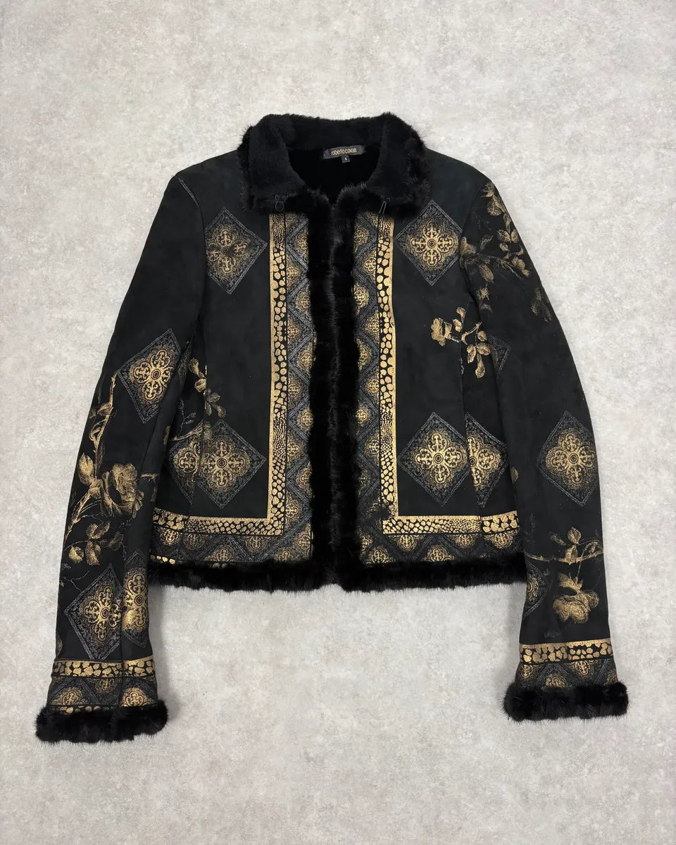 2000s Roberto Cavalli Black & Golden Royal Shearling Jacket AKncCmc 0