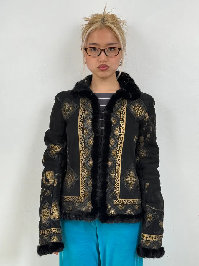 2000s Roberto Cavalli Black & Golden Royal Shearling Jacket AKncCmc 1