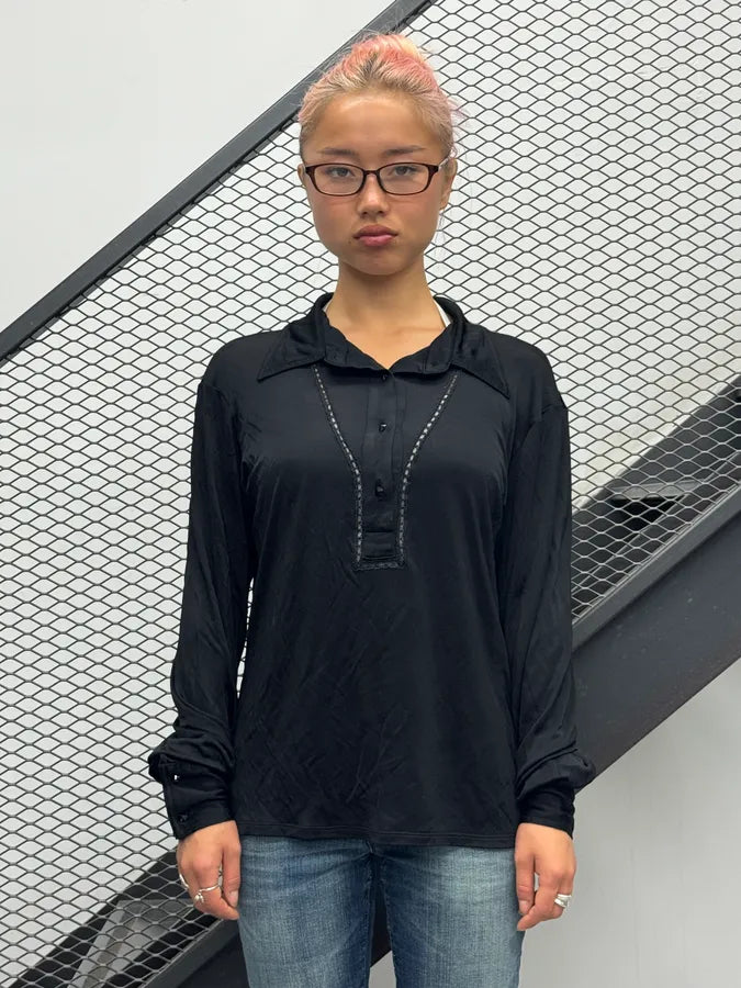 2000s Roberto Cavalli Black Embroidered Polo Longsleeve VRzChPn 1