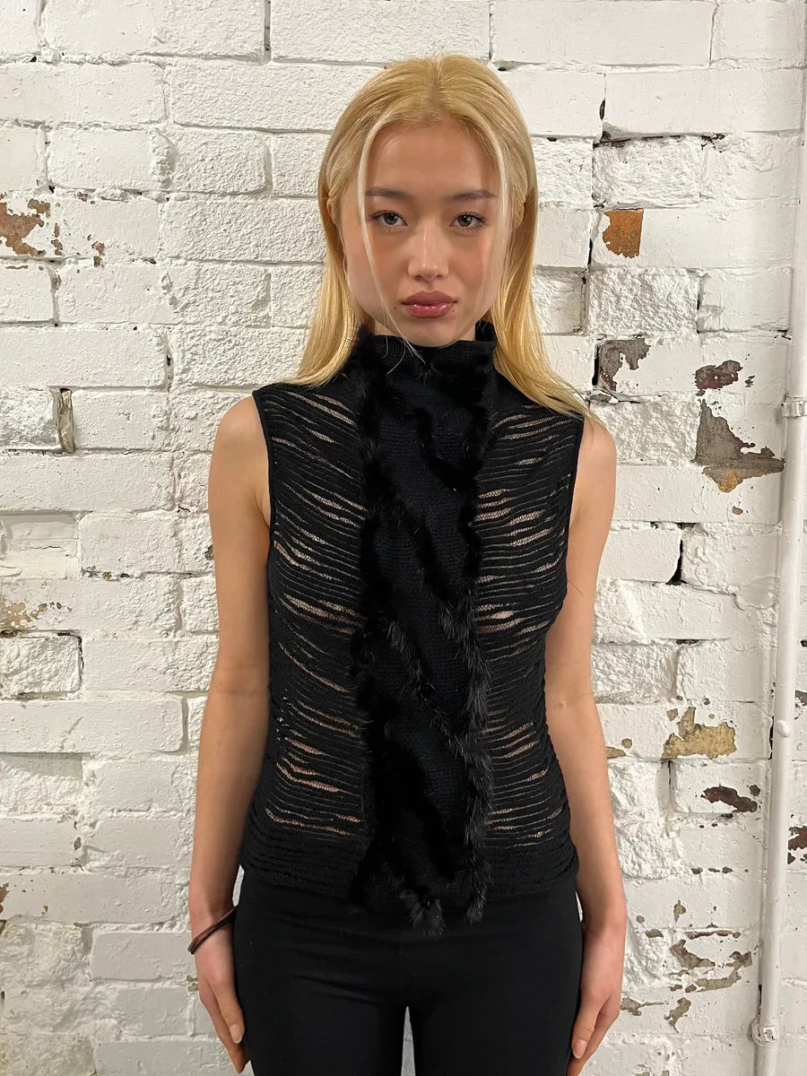 2000s Roberto Cavalli Black Mesh Pleats Fur Tank Top ISRdsxw 0