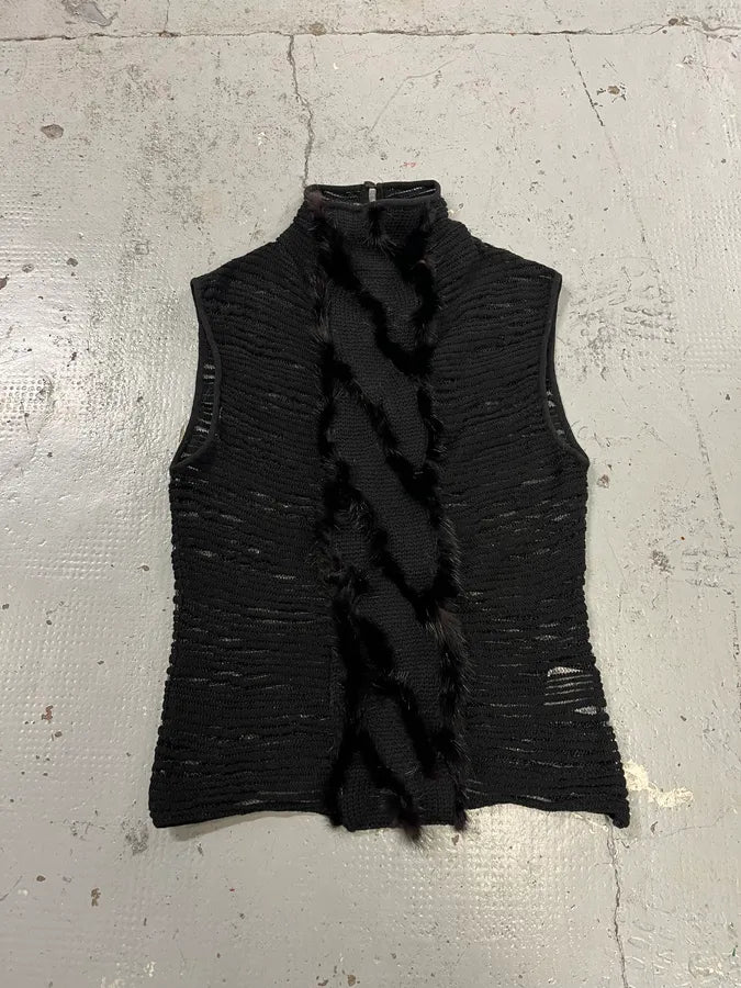 2000s Roberto Cavalli Black Mesh Pleats Fur Tank Top ISRdsxw 1