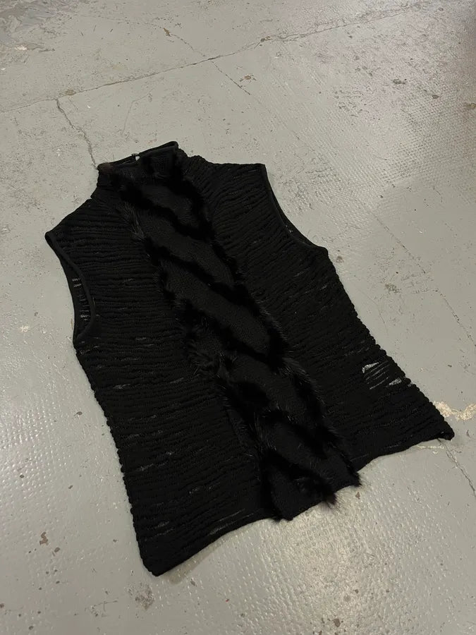 2000s Roberto Cavalli Black Mesh Pleats Fur Tank Top ISRdsxw 3