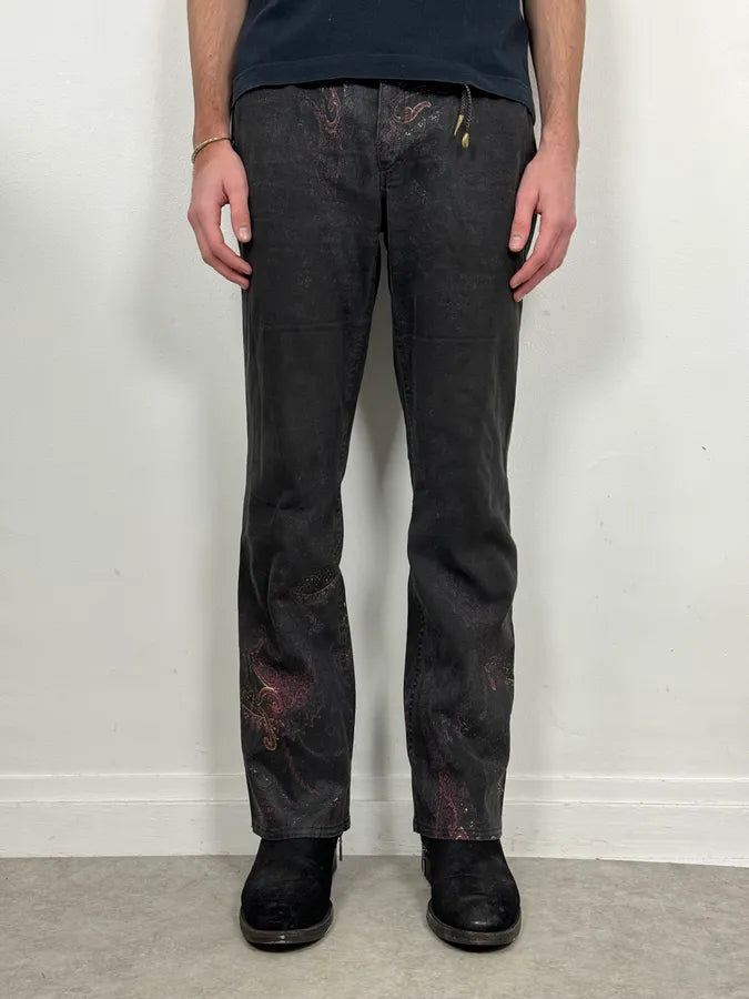 2000s Roberto Cavalli Black & Gold Paisley Pattern Jeans OpUikwz 1