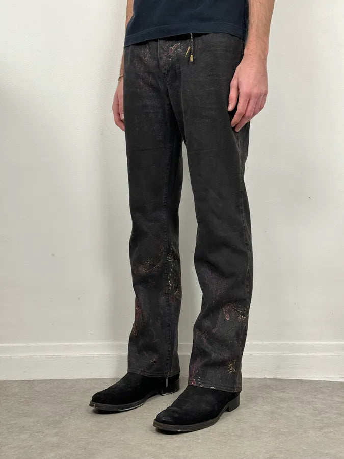 2000s Roberto Cavalli Black & Gold Paisley Pattern Jeans OpUikwz 2