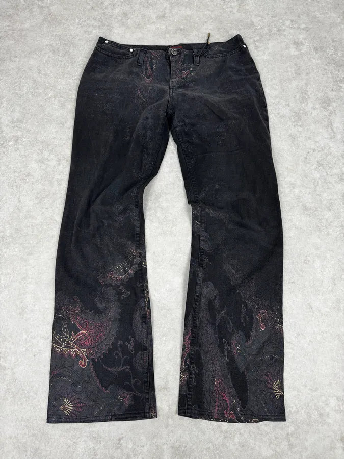 2000s Roberto Cavalli Black & Gold Paisley Pattern Jeans OpUikwz 0