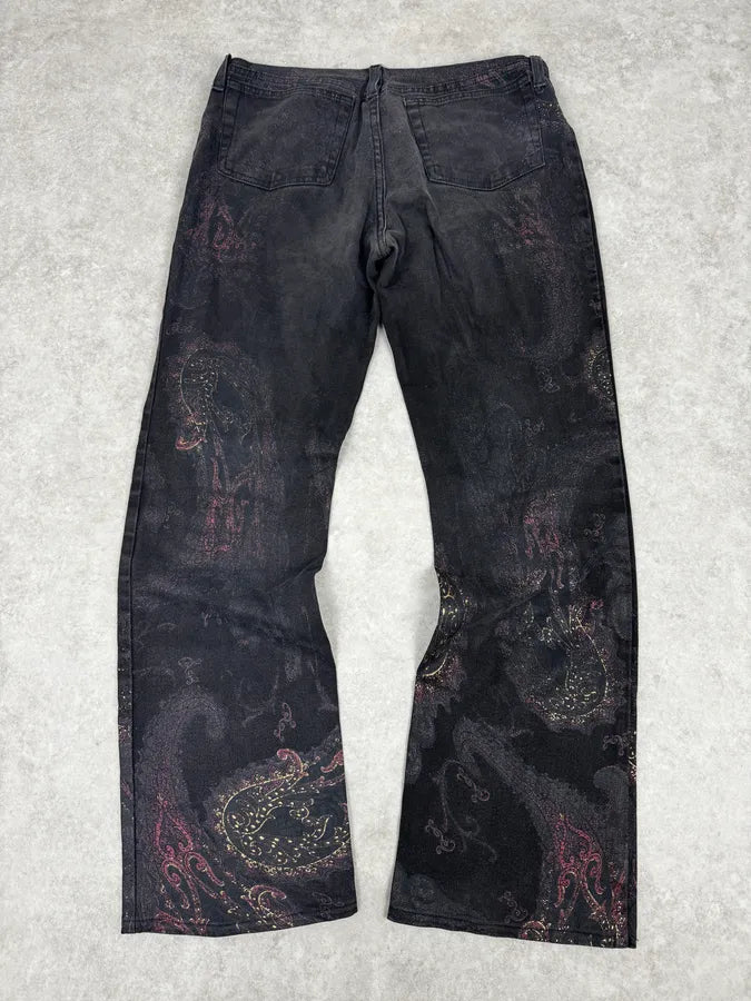 2000s Roberto Cavalli Black & Gold Paisley Pattern Jeans OpUikwz 4