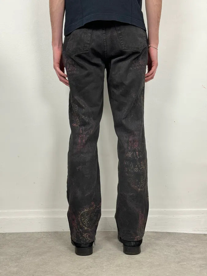2000s Roberto Cavalli Black & Gold Paisley Pattern Jeans OpUikwz 3