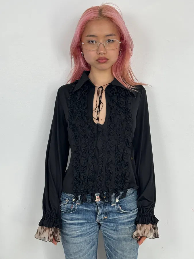 2000s Roberto Cavalli Black Ruched Cuff Wrapped Blouse ADypjAW 1