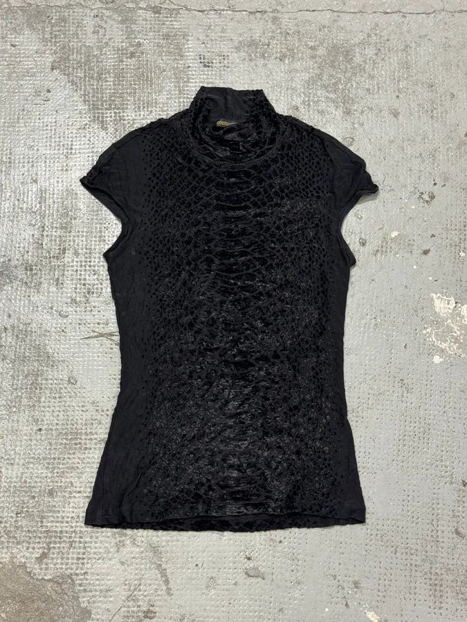 2000s Roberto Cavalli Black Velvet Crocodile Effect Turtleneck Top qtJimkL 0