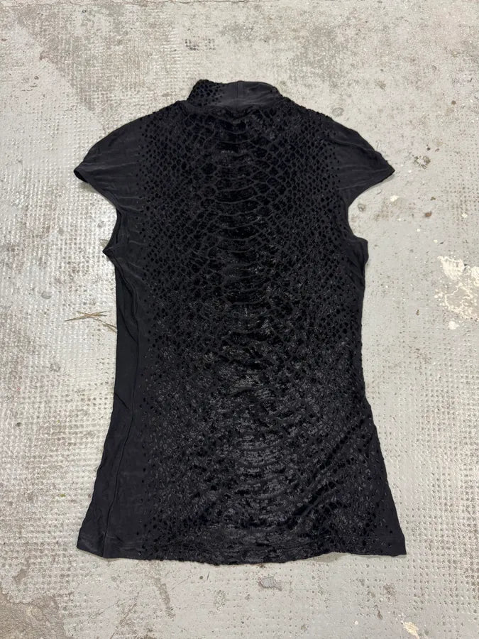 2000s Roberto Cavalli Black Velvet Crocodile Effect Turtleneck Top qtJimkL 2