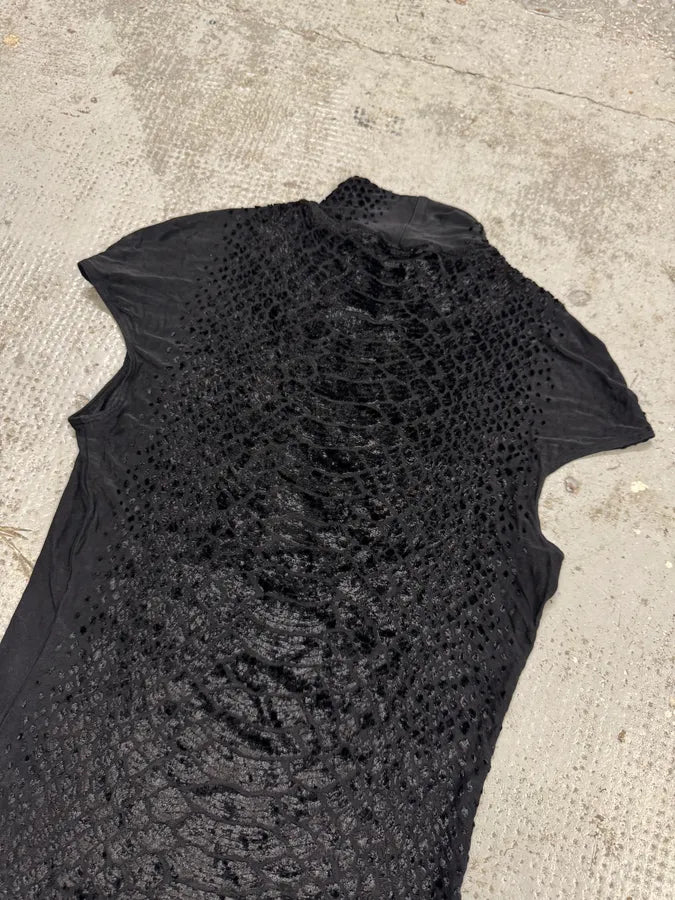 2000s Roberto Cavalli Black Velvet Crocodile Effect Turtleneck Top qtJimkL 3