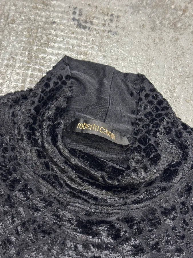 2000s Roberto Cavalli Black Velvet Crocodile Effect Turtleneck Top qtJimkL 4
