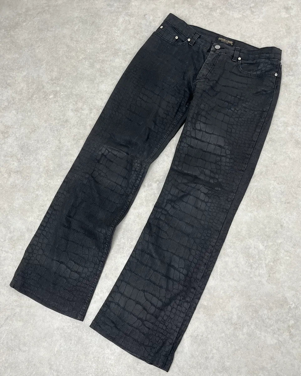 2000s Roberto Cavalli Black Waxed Crocodile Effect Pants YCsLggJ 4