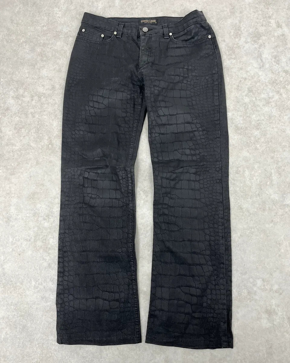 2000s Roberto Cavalli Black Waxed Crocodile Effect Pants YCsLggJ 0