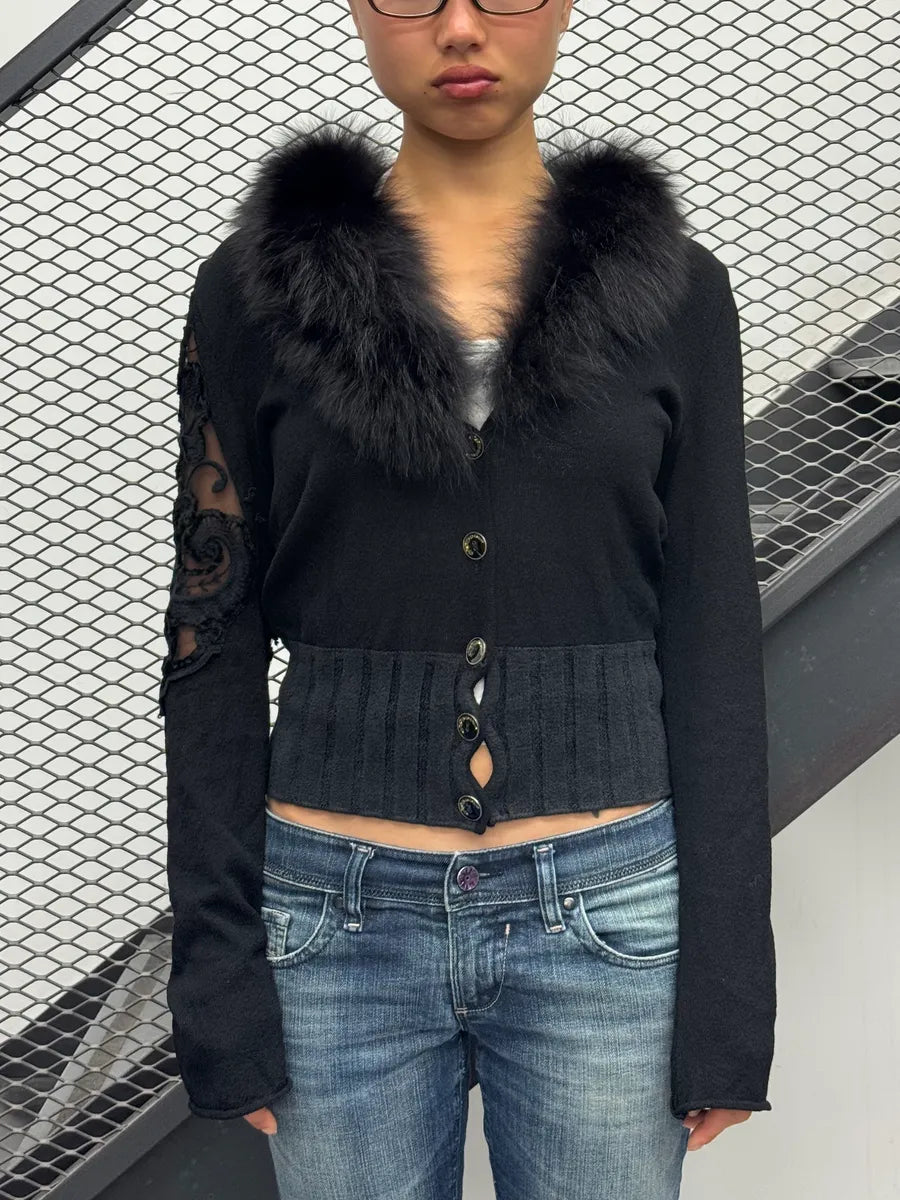 2000s Roberto Cavalli Black Wool Fur Embroidered Flowers Cropped Cardigan WdpKyDN 1