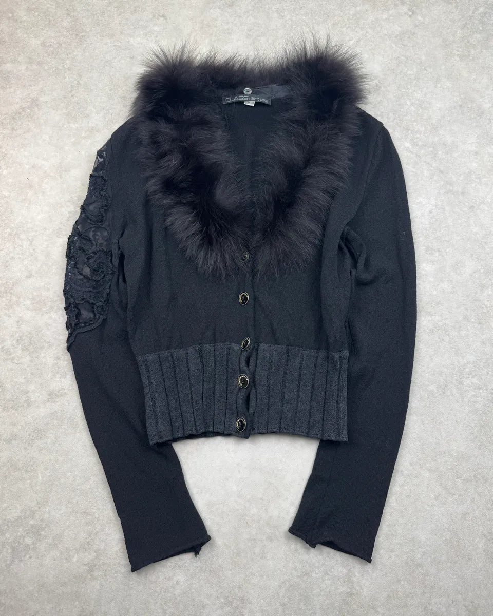 2000s Roberto Cavalli Black Wool Fur Embroidered Flowers Cropped Cardigan WdpKyDN 0