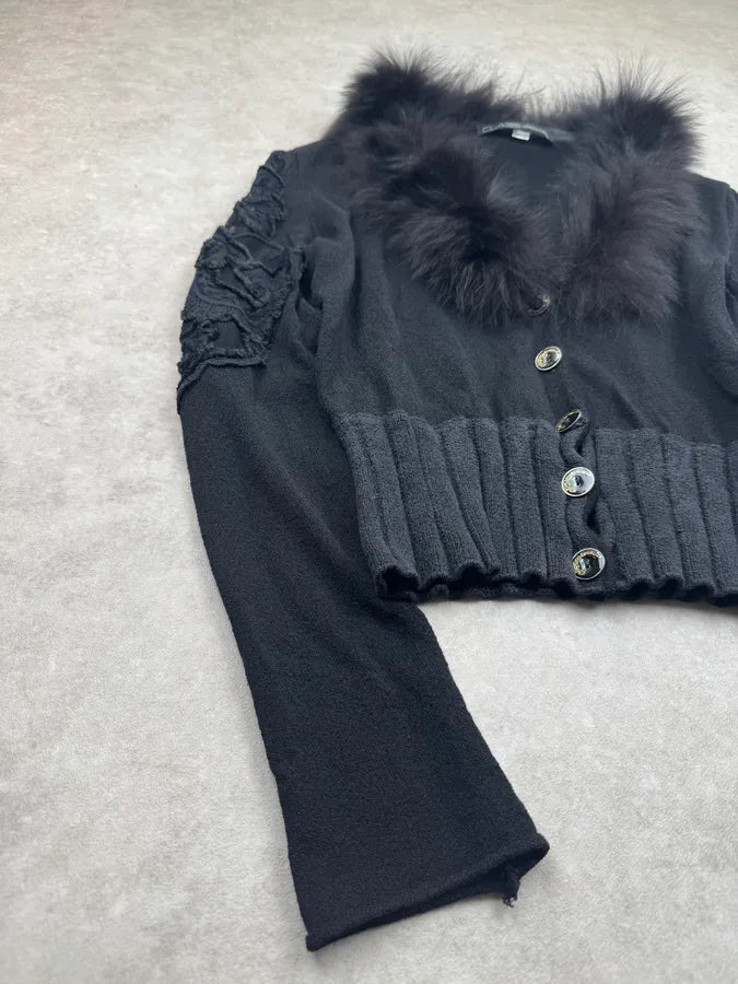 2000s Roberto Cavalli Black Wool Fur Embroidered Flowers Cropped Cardigan WdpKyDN 3