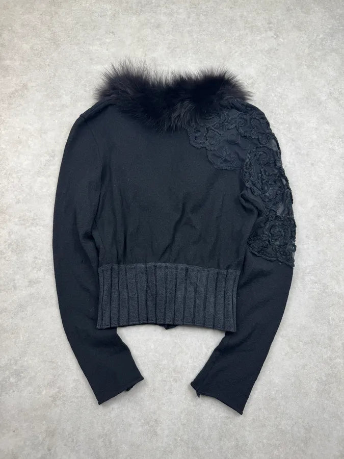 2000s Roberto Cavalli Black Wool Fur Embroidered Flowers Cropped Cardigan WdpKyDN 5