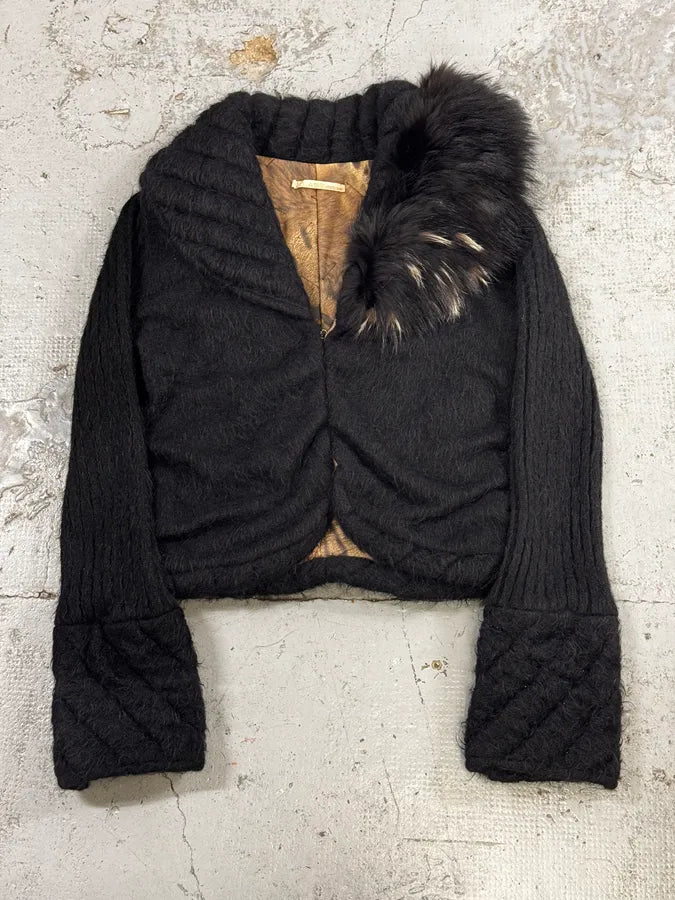 2000s Roberto Cavalli Black Wool Quilted Fox Fur Collar Cardigan bpiUmHJ 0