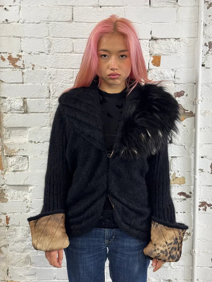 2000s Roberto Cavalli Black Wool Quilted Fox Fur Collar Cardigan bpiUmHJ 1