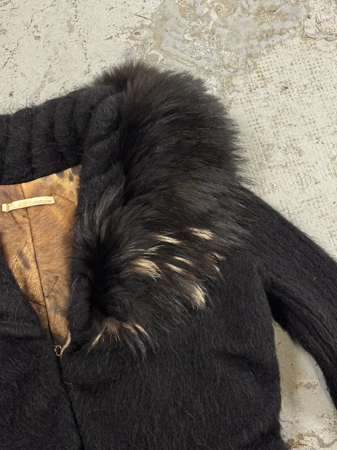 2000s Roberto Cavalli Black Wool Quilted Fox Fur Collar Cardigan bpiUmHJ 10