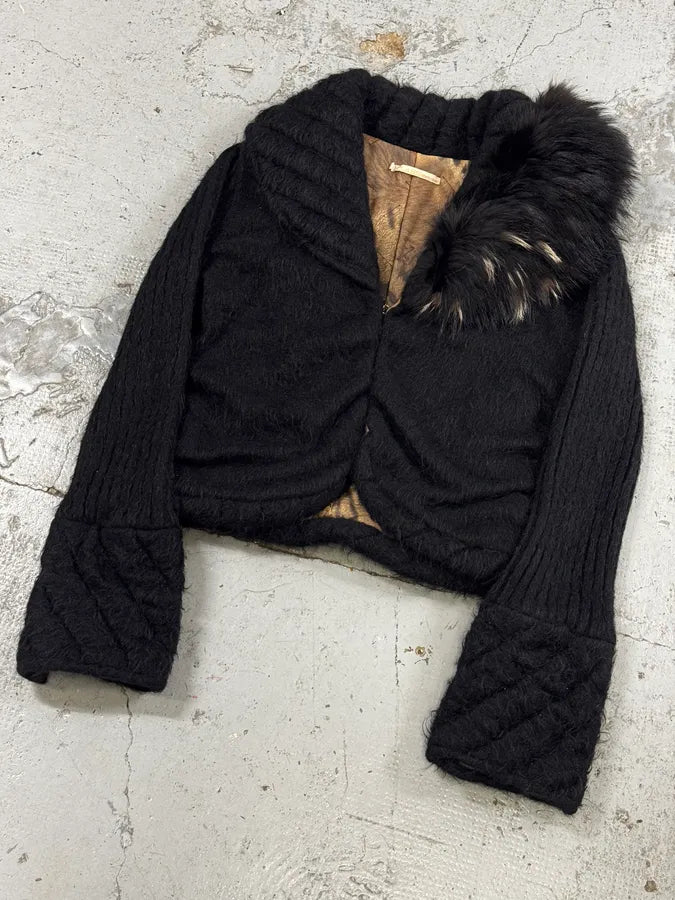 2000s Roberto Cavalli Black Wool Quilted Fox Fur Collar Cardigan bpiUmHJ 4