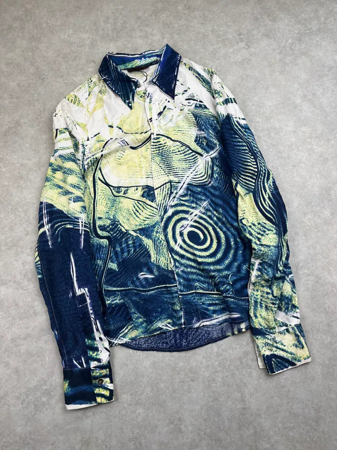 2000s Roberto Cavalli Blue & Green Psychotic Vicious Circle Shirt zwmsOQQ 3