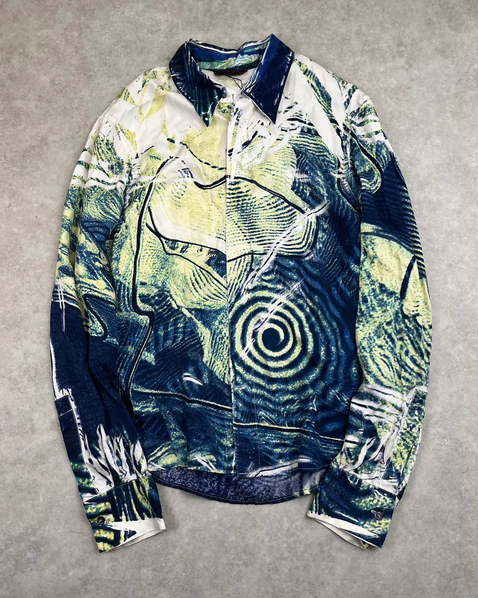 2000s Roberto Cavalli Blue & Green Psychotic Vicious Circle Shirt zwmsOQQ 0
