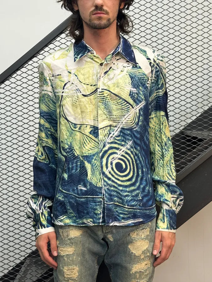 2000s Roberto Cavalli Blue & Green Psychotic Vicious Circle Shirt zwmsOQQ 1