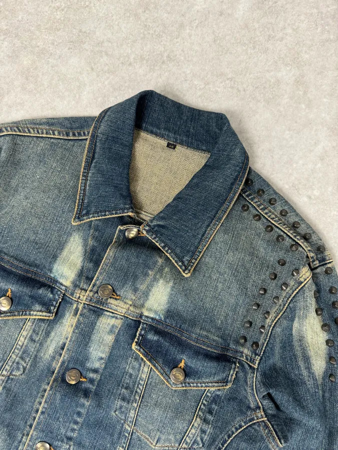 2000s Cavalli Blue Studded Denim Jacket WTQZNbe 3