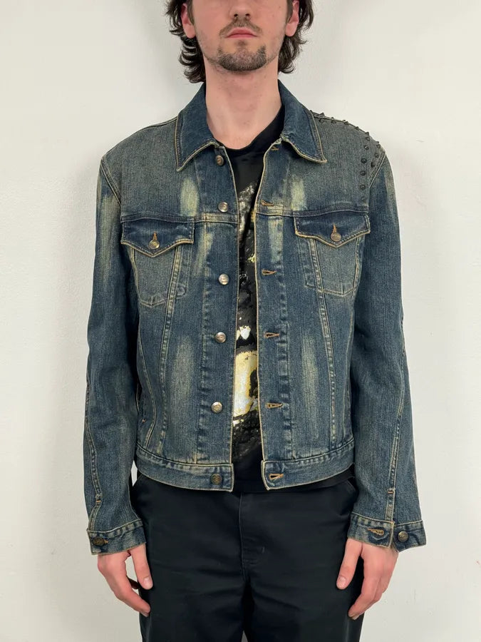 2000s Cavalli Blue Studded Denim Jacket WTQZNbe 0